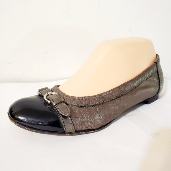 AGL Cap Toe Ballet Flat Bronze Leather Black Patent 36.5/6.5 office Travel - Picture 1 of 4
